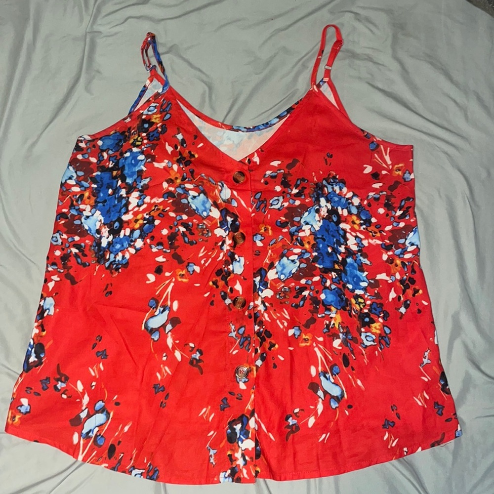 Button down blouse. Red/orange multi color button down blouse